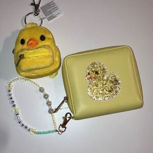 Claire’s Yellow Ducky Wallet With Bead Bracelet Keychain & Keychain Bundle New